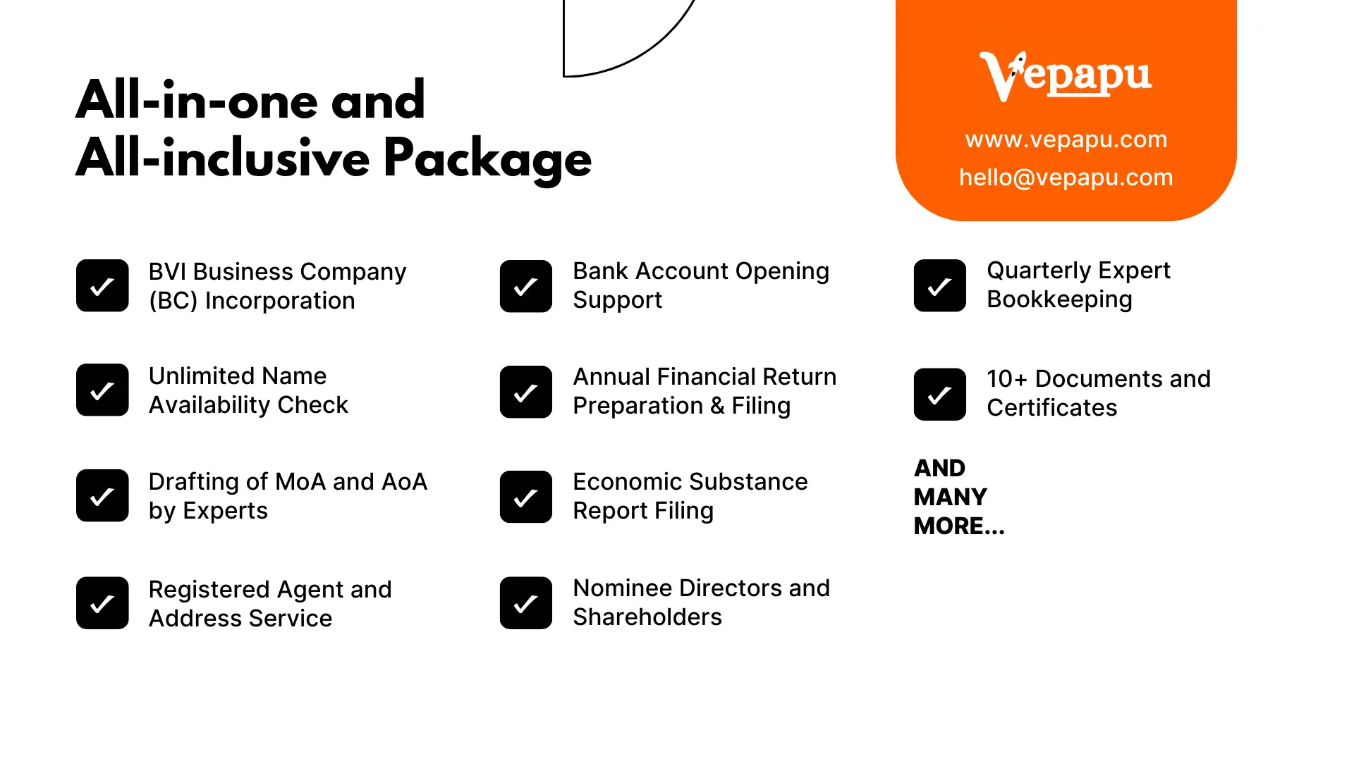 All in one package for BVI company formation.Package includes BVI business company incorporation, unlimited name availability check, drafting MoA and AoA by experts, registered agent and address service, bank account opening support, annual financial return preparation and filing, economic ubstance report filing, nominee directors and shareholders, quarterly expert bookkeeping, documents and certificates and many more in an al-inclusive package by Vepapu.com